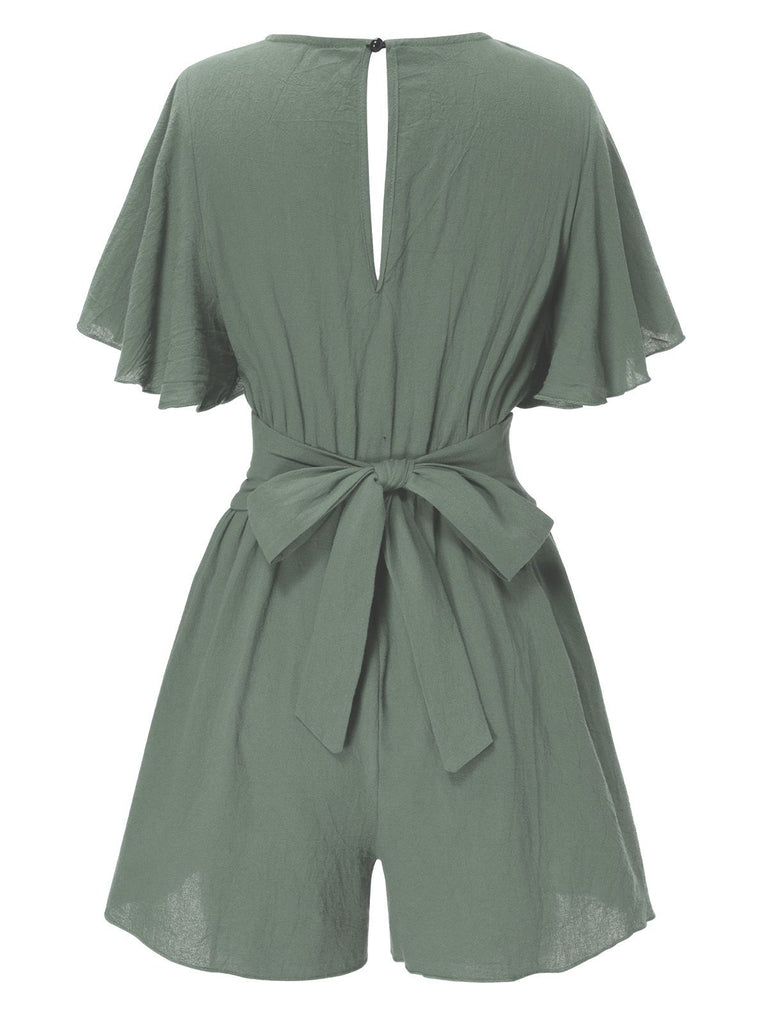 1950s Solid V-Neck Cotton Flounce Sleeve Romper