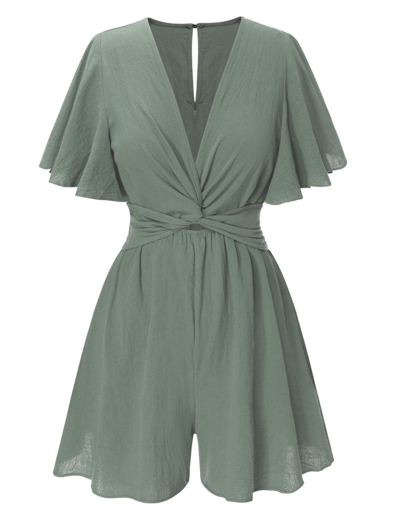 1950s Solid V-Neck Cotton Flounce Sleeve Romper