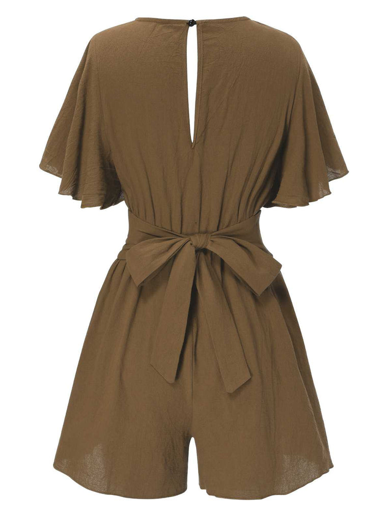 1950s Solid V-Neck Cotton Flounce Sleeve Romper