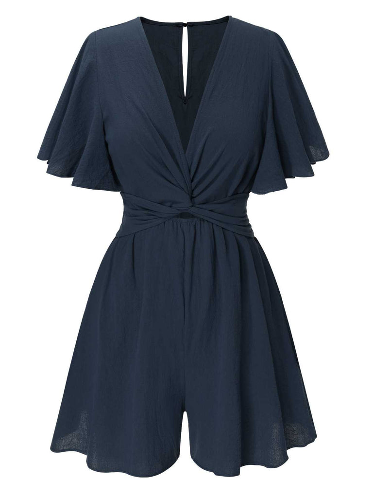 1950s Solid V-Neck Cotton Flounce Sleeve Romper