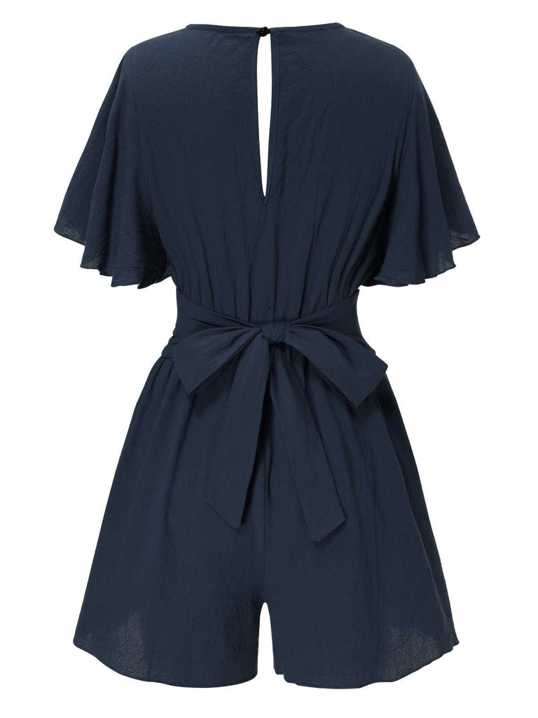 1950s Solid V-Neck Cotton Flounce Sleeve Romper