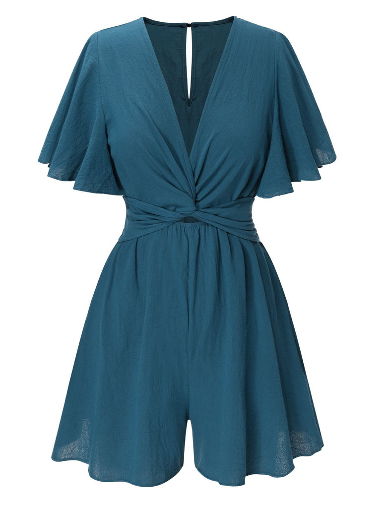 1950s Solid V-Neck Cotton Flounce Sleeve Romper