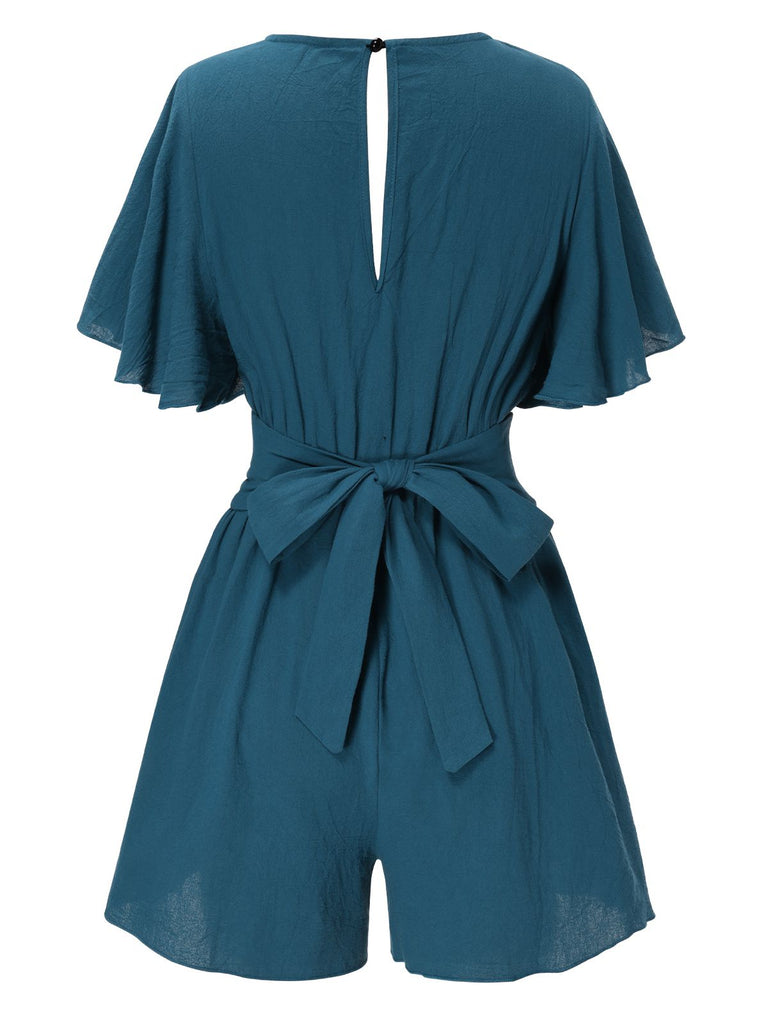 1950s Solid V-Neck Cotton Flounce Sleeve Romper