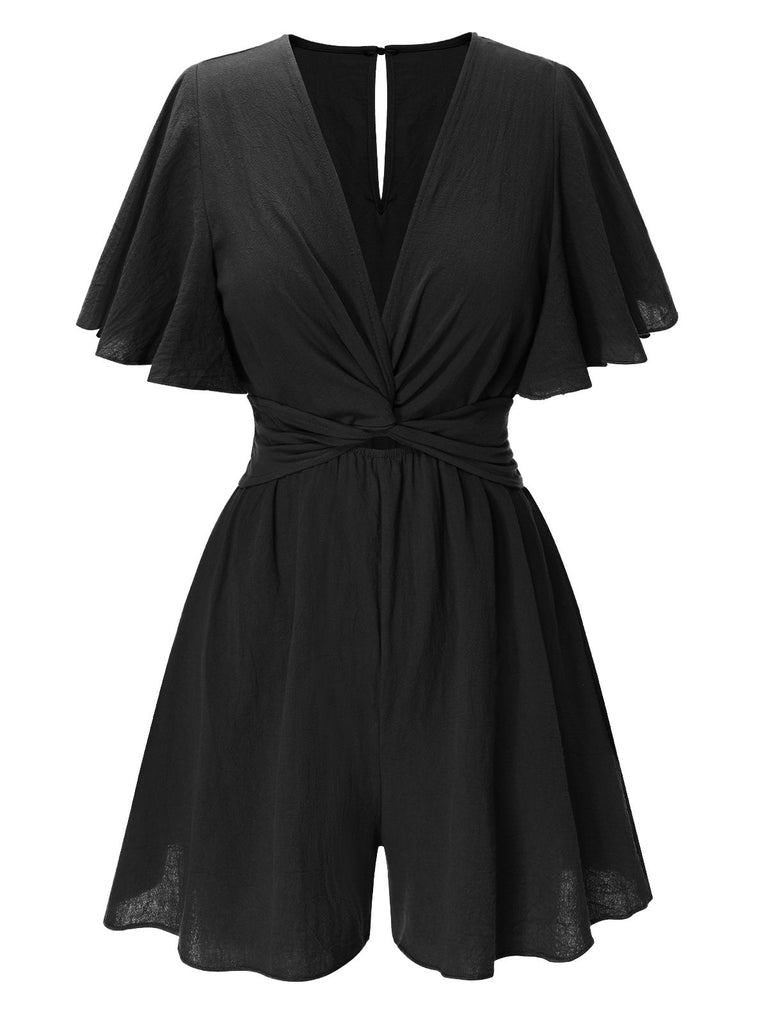 1950s Solid V-Neck Cotton Flounce Sleeve Romper