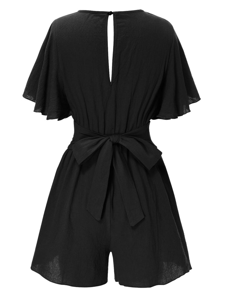 1950s Solid V-Neck Cotton Flounce Sleeve Romper