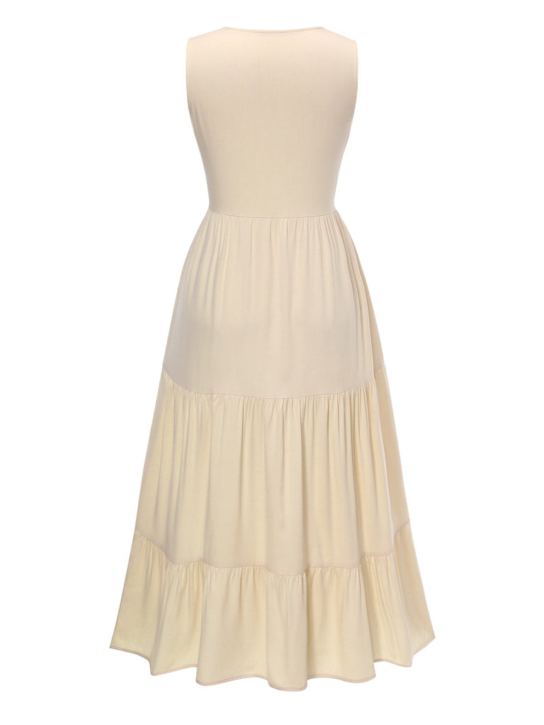 Cream 1940s Button Sleeveless Tiered Dress