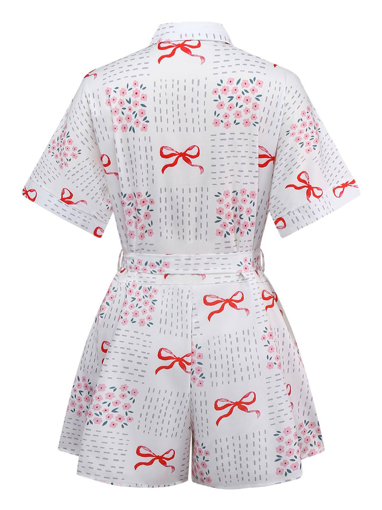Pink 1950s Bow & Floral Belted Lapel Romper