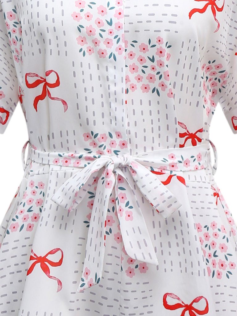 Pink 1950s Bow & Floral Belted Lapel Romper