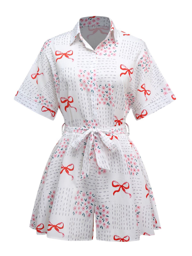 Pink 1950s Bow & Floral Belted Lapel Romper