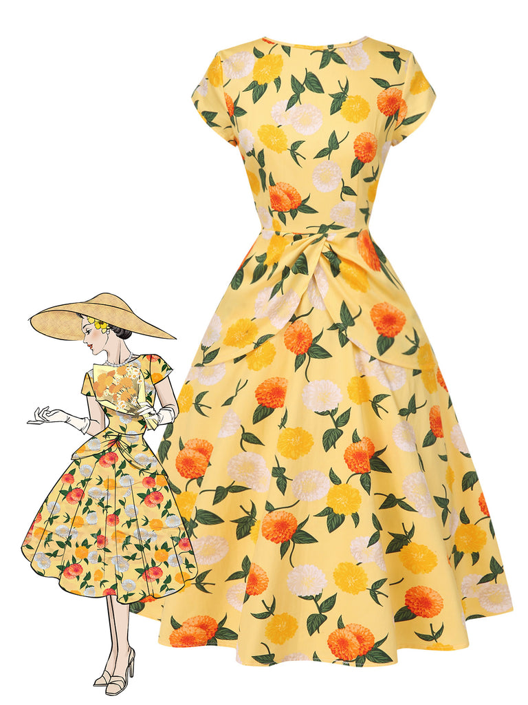 Yellow 1950s Hydrangea Floral Ruched Dress