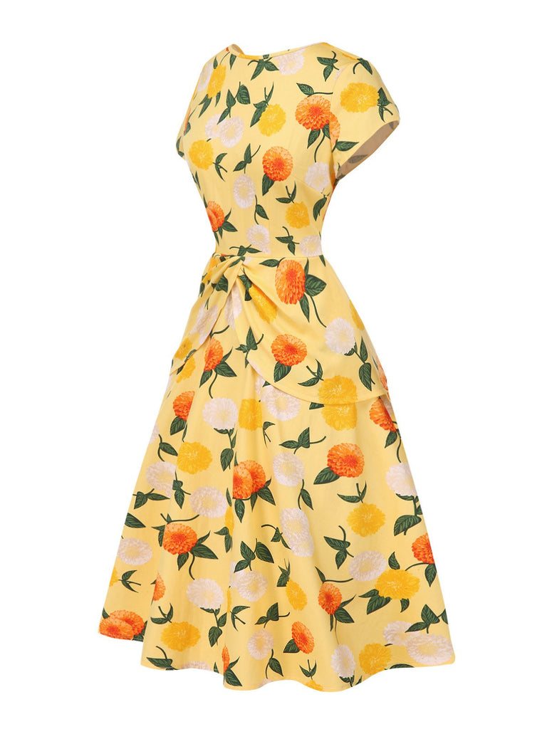 Yellow 1950s Hydrangea Floral Ruched Dress