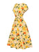 Yellow 1950s Hydrangea Floral Ruched Dress