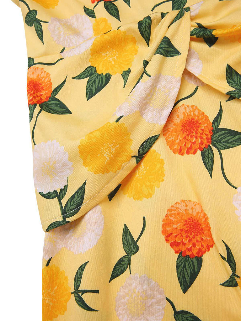 Yellow 1950s Hydrangea Floral Ruched Dress