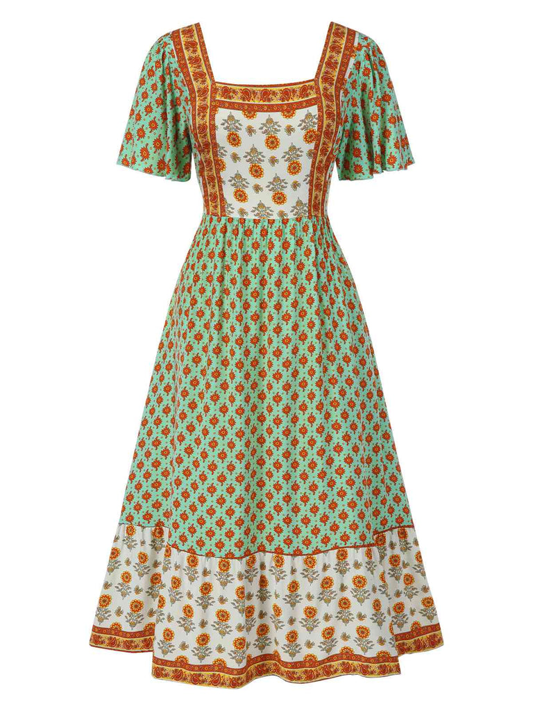 Green 1970s Bohemian Square Neck Floral Dress