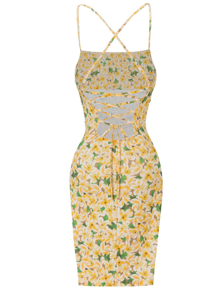 Yellow 1960s Back Lace-Up Ruched Floral Dress