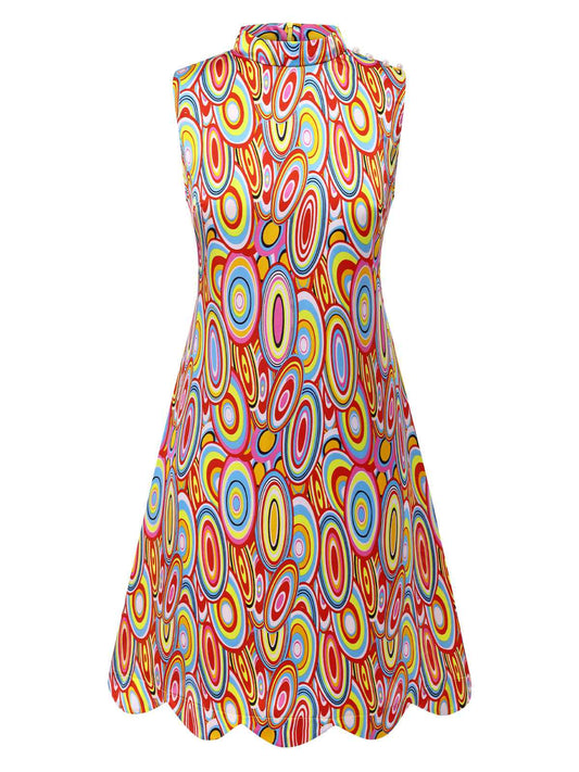 Multicolor 1960s Pearl Button Sleeveless Dress