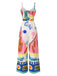 Multicolor 1930s Painting Chest Tie Jumpsuit