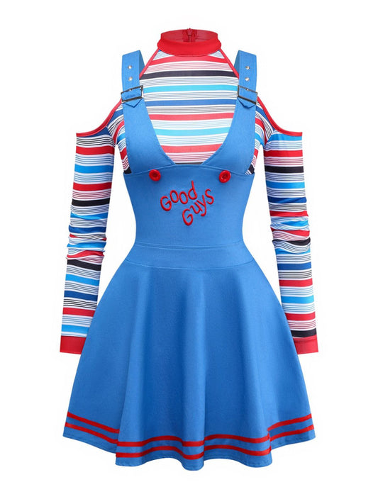 Blue 2PCS 1960s Halloween Chucky Striped Top & Wide Strap Dress
