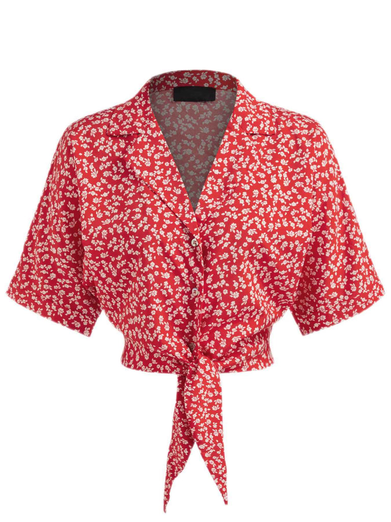 Red 1950s Ditsy Floral Lapel Bow Top