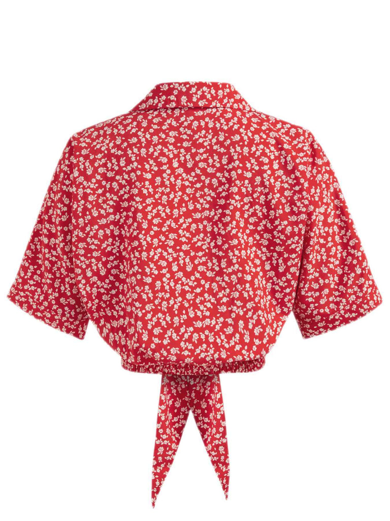 Red 1950s Ditsy Floral Lapel Bow Top