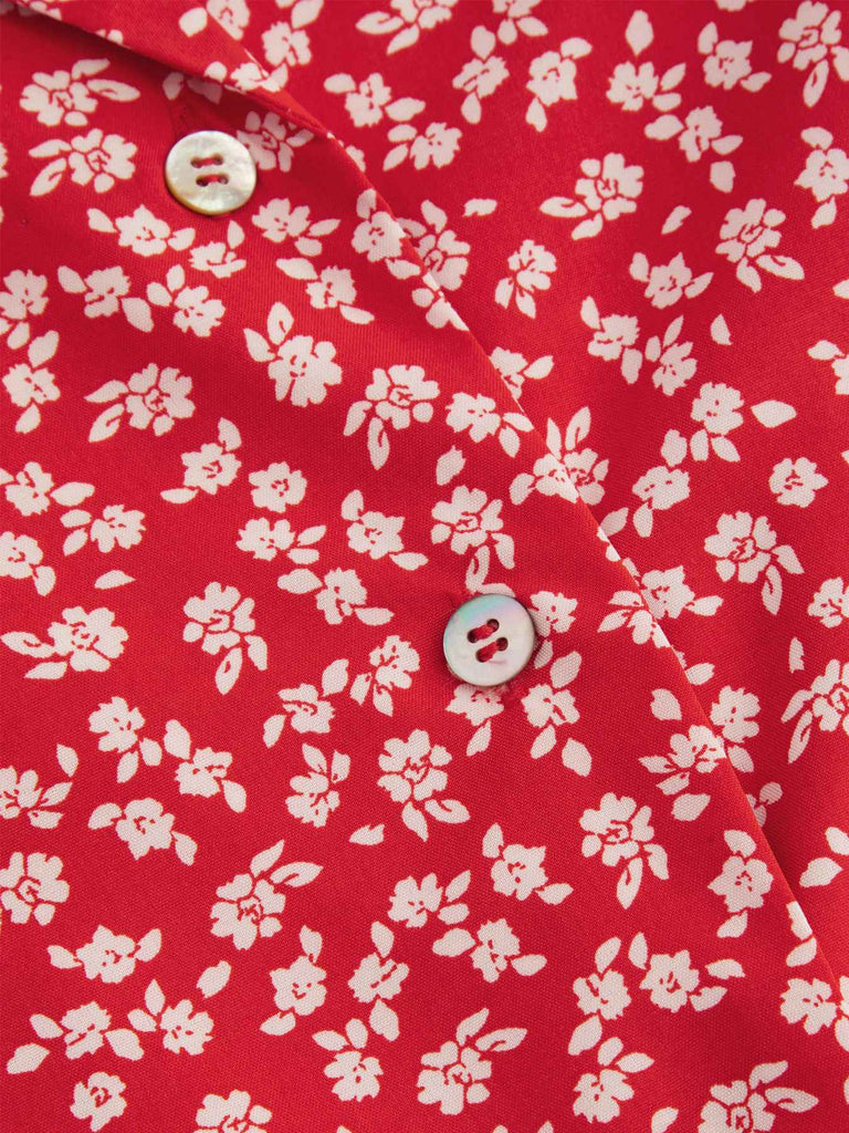 Red 1950s Ditsy Floral Lapel Bow Top