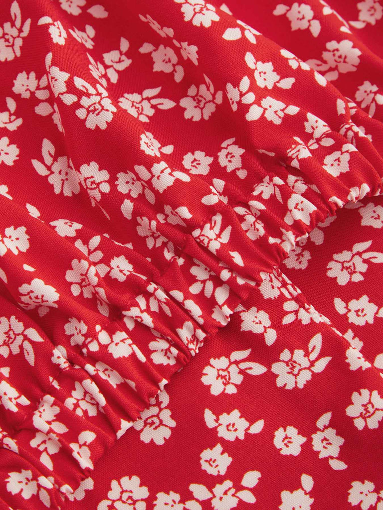 Red 1950s Ditsy Floral Lapel Bow Top