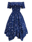 Blue 1950s Stars Moon Irregular Hem Off-Shoulder Dress