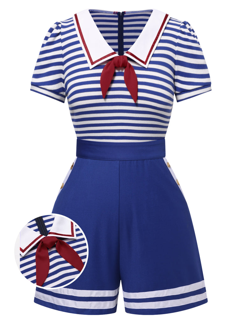 Blue 1950s Cotton Cravat Nautical Stripe Romper
