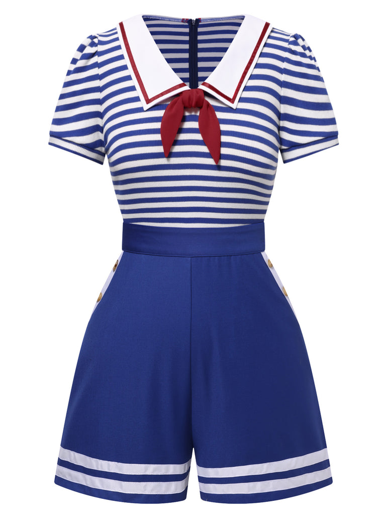 Blue 1950s Cotton Cravat Nautical Stripe Romper