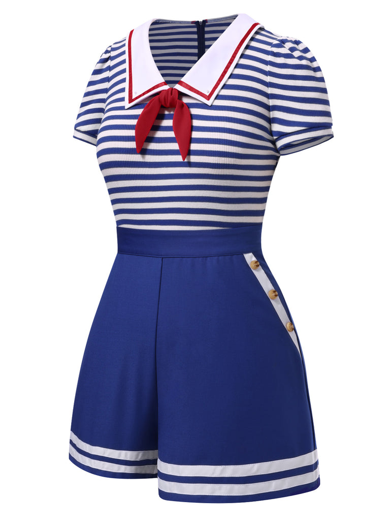 Blue 1950s Cotton Cravat Nautical Stripe Romper