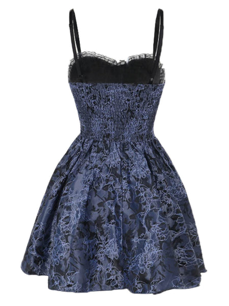 神聖punk-001 1/1 0 Blue 1980s Gothic Steampunk Floral Print Lace Patchwork