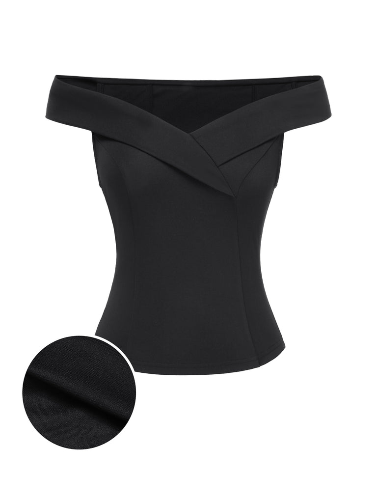 Black 1950s Off-Shoulder Solid Top