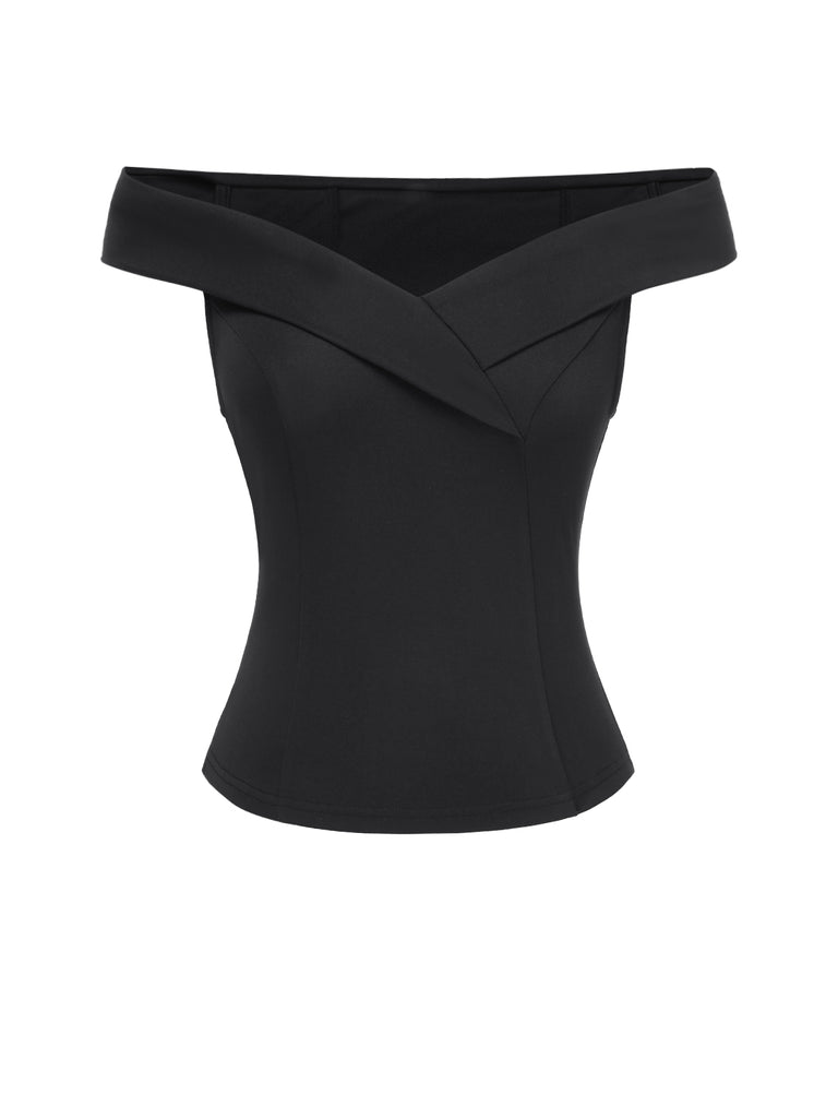 Black 1950s Off-Shoulder Solid Top