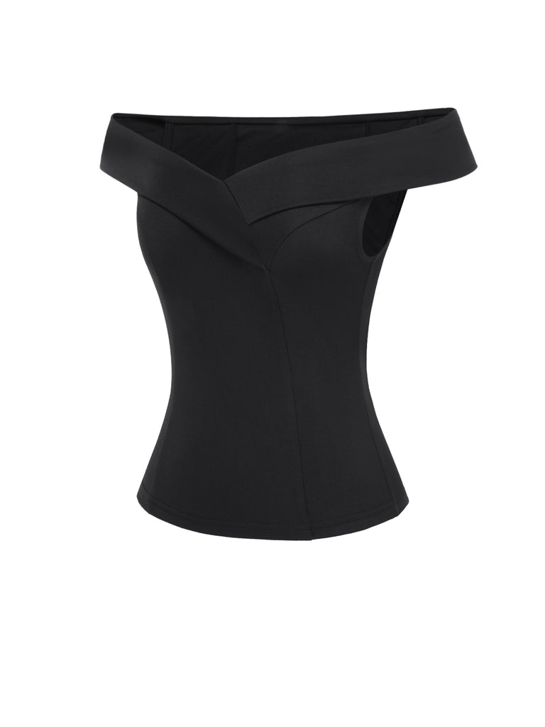 Black 1950s Off-Shoulder Solid Top
