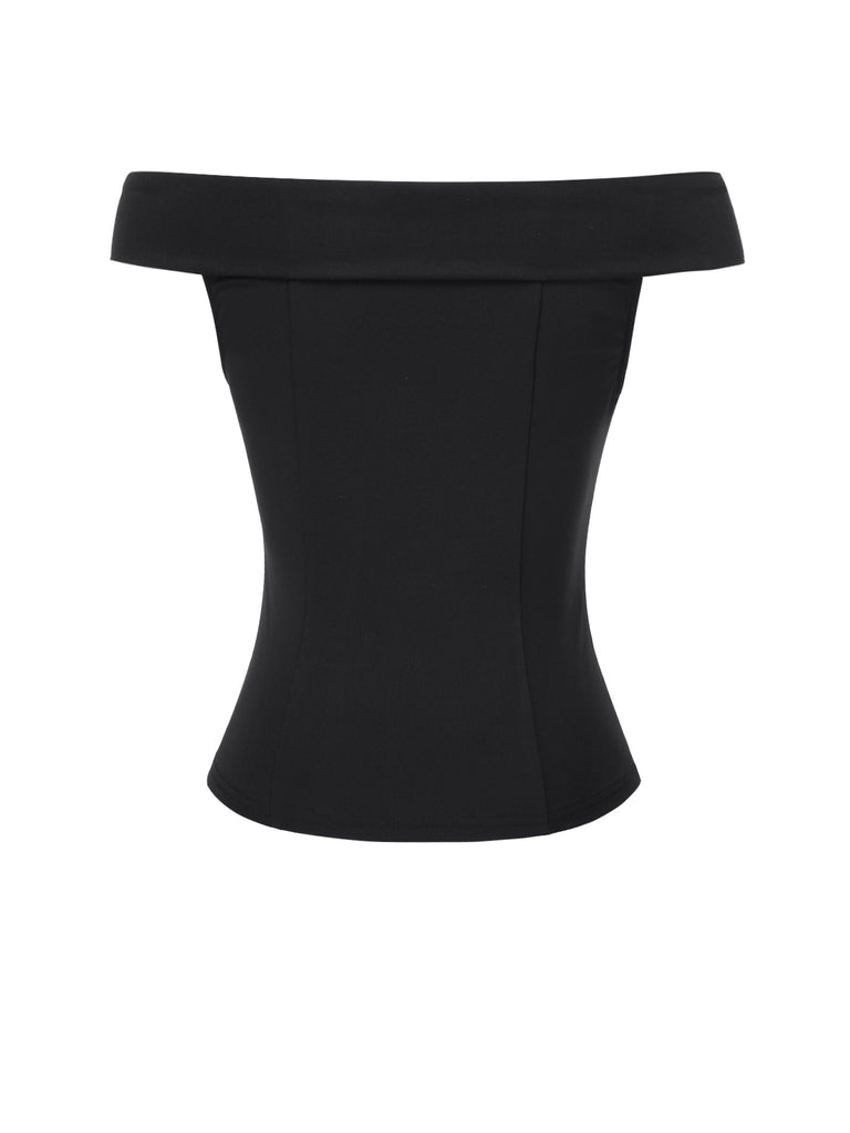 Black 1950s Off-Shoulder Solid Top