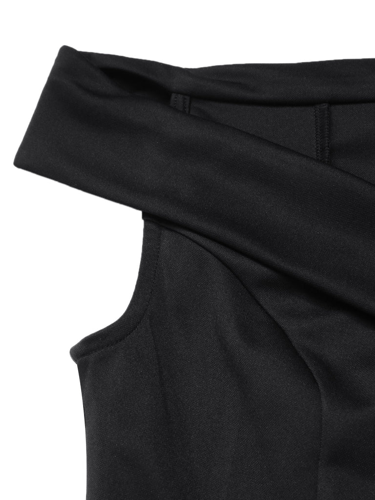 Black 1950s Off-Shoulder Solid Top