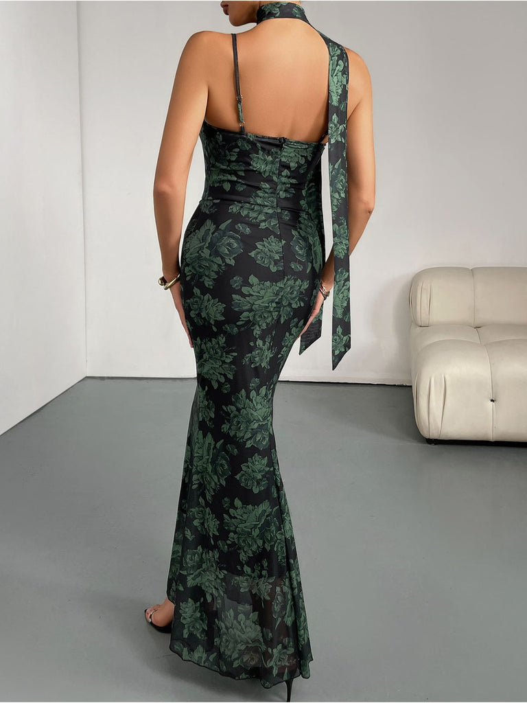 Green 1930s Floral Suspender Fishtail Dress