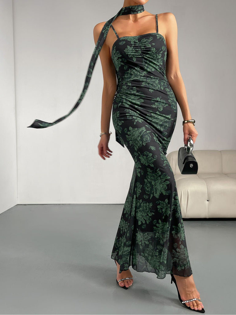 Green 1930s Floral Suspender Fishtail Dress