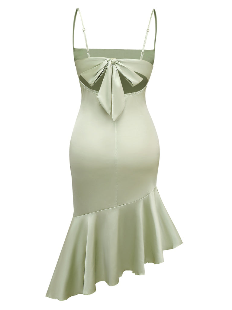 Green 1930s Solid Cowl Neck Ruffled Mermaid Dress