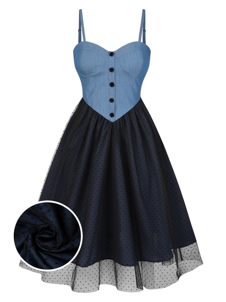 Blue 1950s Denim Polka Dot Mesh Patchwork Dress