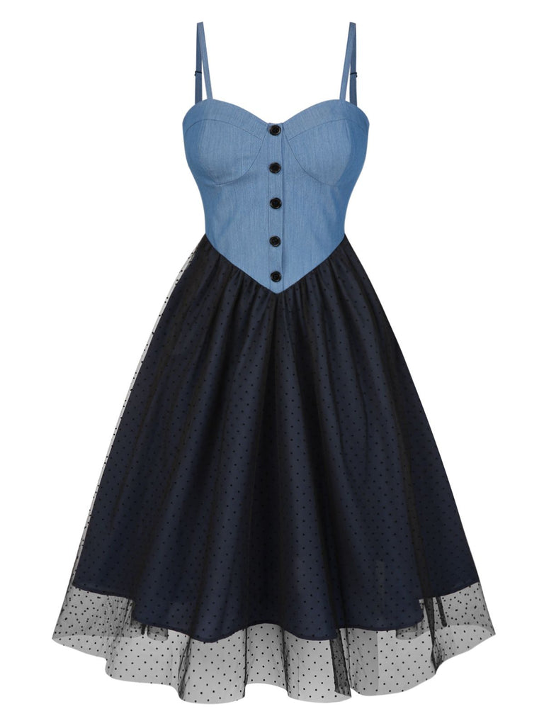 Blue 1950s Denim Polka Dot Mesh Patchwork Dress