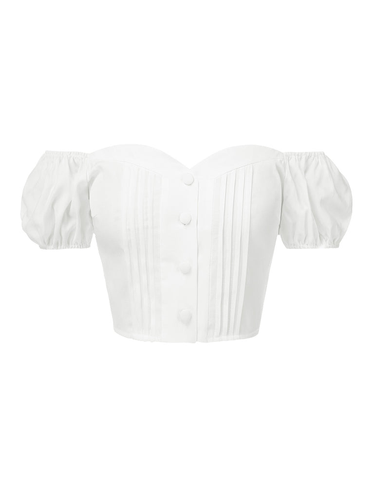 White 1950s Off-Shoulder Puff Pleated Top