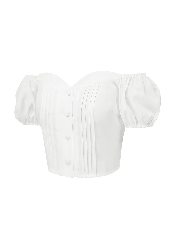 White 1950s Off-Shoulder Puff Pleated Top