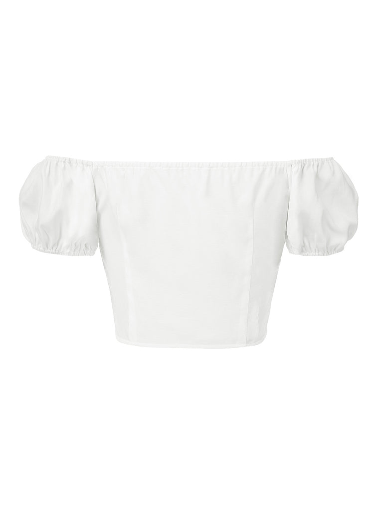 White 1950s Off-Shoulder Puff Pleated Top