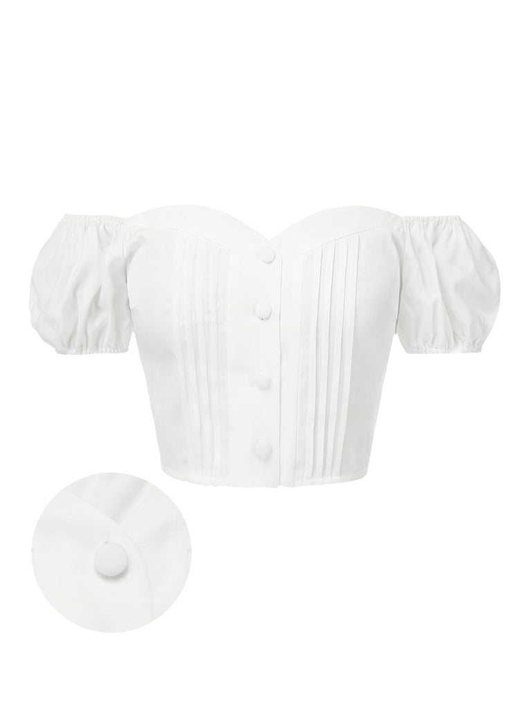 White 1950s Off-Shoulder Puff Pleated Top