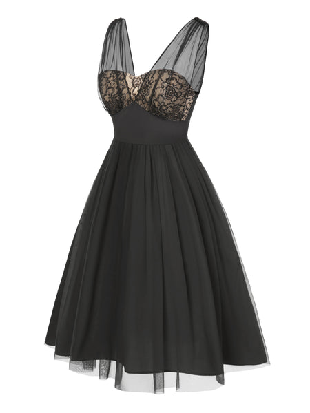 A-Line Cocktail Dresses Elegant Dress Black Goth Knee Length V-Neck Tulle Dress 2025 Black 1950s Lace Floral Mesh Swing Dress | Retro Stage