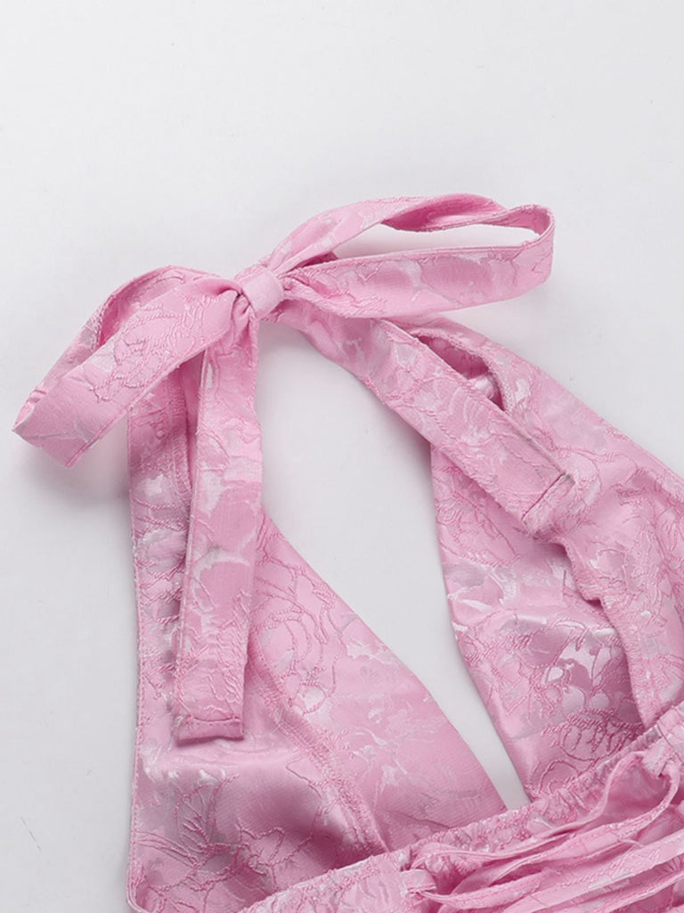 Pink 1960s Back Bow Jacquard Floral Dress