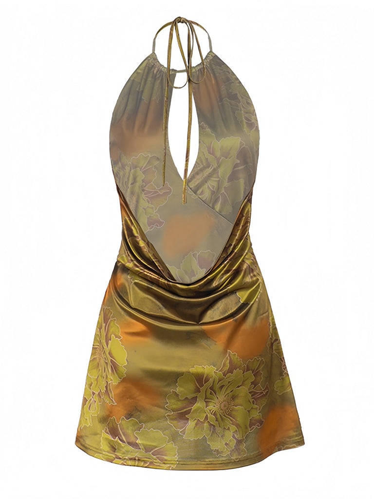 Green 1960s Floral Halter Hollow Backless Dress