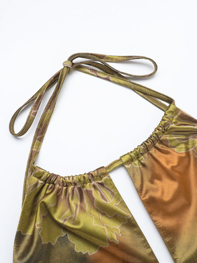 Green 1960s Floral Halter Hollow Backless Dress