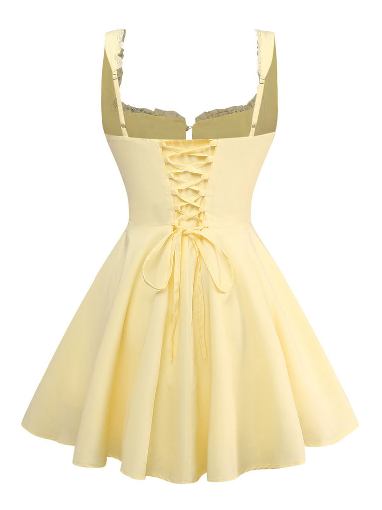 1960s Solid Lace Straps Lace-Up Skater Dress